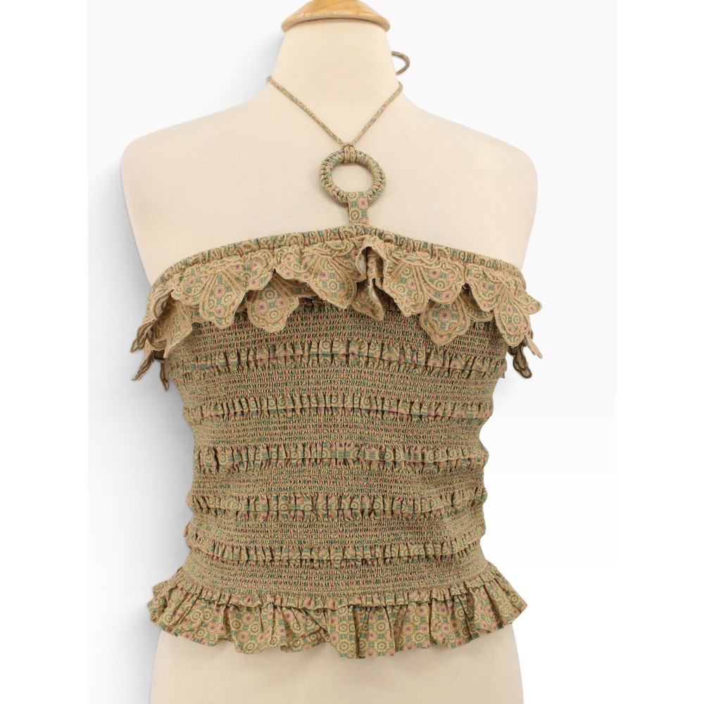 Anthropologie Let Me Be Smocked Halter Tube Top Small Floral Scalloped Tassels